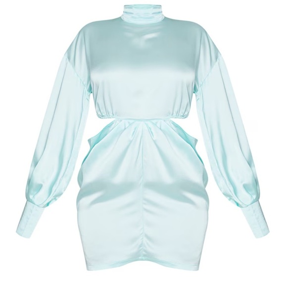 SATIN AQUA SIDE CUT OUT BALLOON SLEEVES MINI DRESS SIZE 8 - Picture 5 of 9